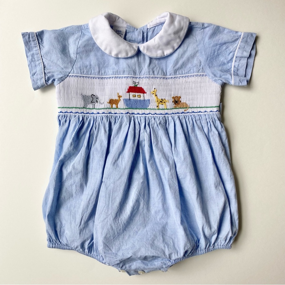 Anavini Vintage Blue Romper w/ Peter Pan Collar & Noah’s Ark Embroidery Size 24M